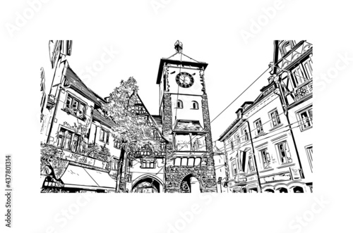Building view with landmark of Freiburg is the 
city in Germany. Hand drawn sketch illustration in vector.