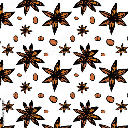 Star Anise hand drawn pattern. Herbs spice brown seamless pattern. White background. Vector wallpaper for wrapping paper, fabric and textile. 