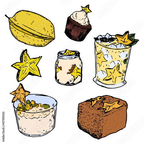 Starfruit food and drink color illustration. Smoothie, juice, cocktail, cake, yoghurt, panna cotta hand drawn elements. Yellow colorful drawing collection. Fruits, healthy diet theme. 