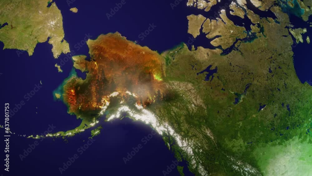 Forest fire overlay on Alaska world map - 3d graphic animation - based on public domain NASA image data Forest fire overlay on Alaska world map - 3d graphic animation - based on public domain NASA image data