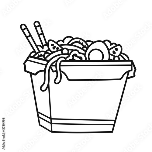 Wok noodle box. Vector hand drawn cartoon illustration icon. Isolated on white background. Wok noodle box, asian food, coloring book page concept