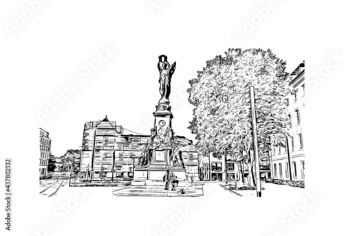 Building view with landmark of Freiburg is the 
city in Germany. Hand drawn sketch illustration in vector.
