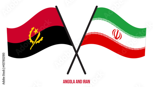 Angola and Iran Flags Crossed And Waving Flat Style. Official Proportion. Correct Colors.