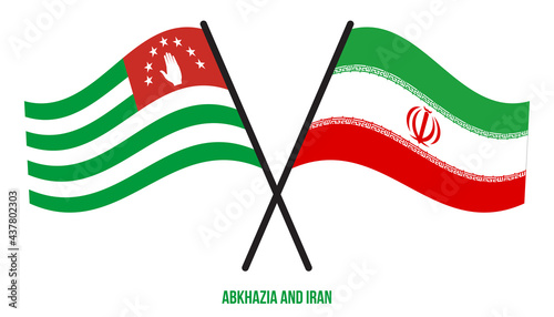 Abkhazia and Iran Flags Crossed And Waving Flat Style. Official Proportion. Correct Colors.