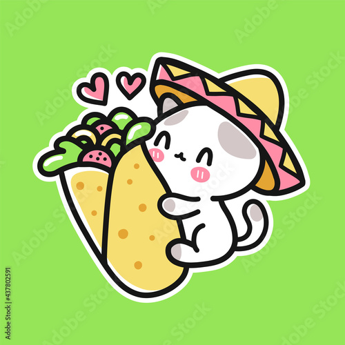 Cute funny little cat in mexican hat hugs burrito. Vector hand drawn cartoon kawaii character illustration icon. Mexican food burrito and cat cartoon sticker, poster, t-shirt print concept