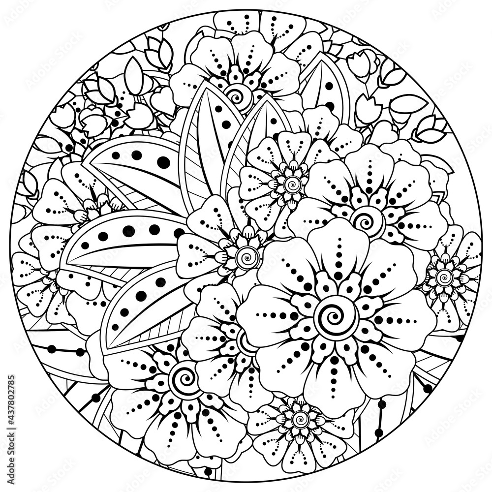 Mehndi flower for henna, mehndi, tattoo, decoration. decorative ornament in ethnic oriental style. doodle ornament. outline hand draw illustration. coloring book page.