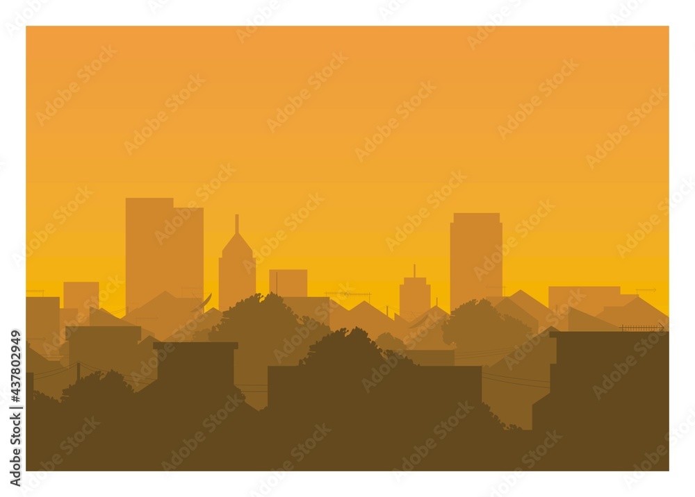 City settlement with skyscraper background, silhouette illustration
