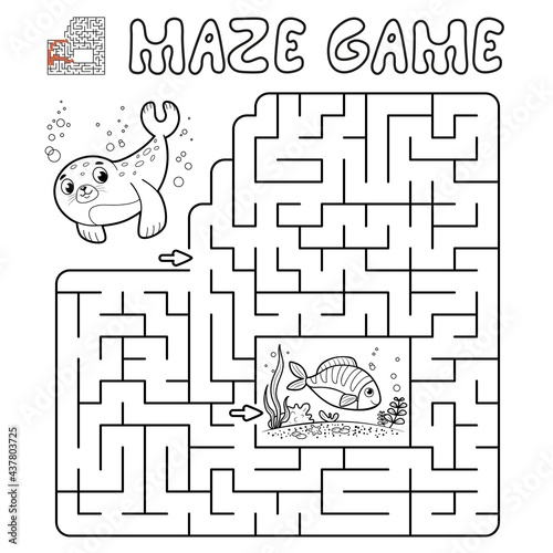 Maze puzzle game for children. Outline maze or labyrinth game with seal.