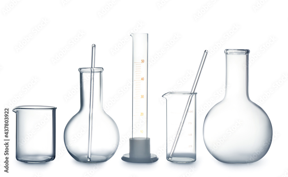 Empty clean laboratory glassware on white background Empty clean laboratory glassware on white background