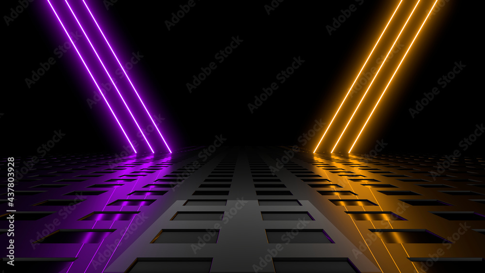 Sci Fy neon lamps in a dark corridor. Reflections on the floor and walls. 3d rendering image. Sci Fy neon lamps in a dark corridor. Reflections on the floor and walls. 3d rendering image.