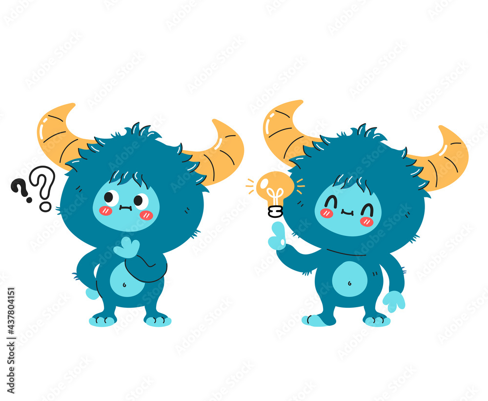 Cute funny yeti monster character with question mark and idea lightbulb. Vector hand drawn cartoon kawaii character illustration icon. Isolated on white background.Yeti, Bigfoot baby cartoon character