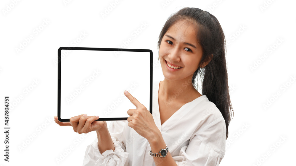 Female presenting digital tablet with mock-up screen isolated in white background Female presenting digital tablet with mock-up screen isolated in white background