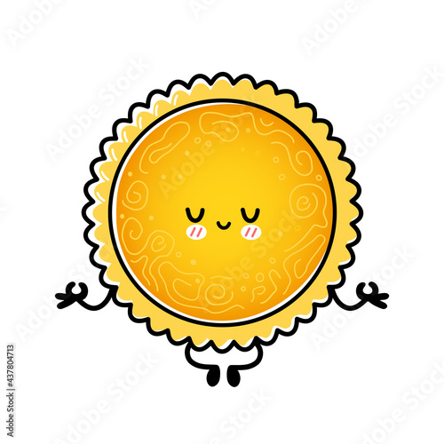 Cute funny Sun meditate in yoga pose. Vector hand drawn cartoon kawaii character illustration icon. Isolated on white background. Sun mascot character concept