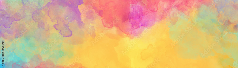 Colorful watercolor background, gold pink purple blue yellow and green colors of a sunset sky painted in abstract watercolor texture blobs