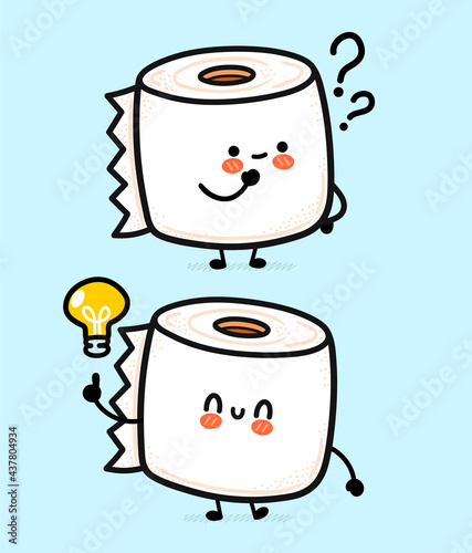 Cute funny happy white toilet paper roll with question mark and idea lightbulb. Vector hand drawn cartoon kawaii character illustration icon. Funny cartoon toilet paper mascot character concept