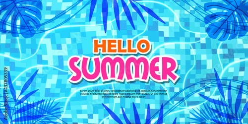hello summer banner poster pool illustration flat lay relax tropical leaves shadow