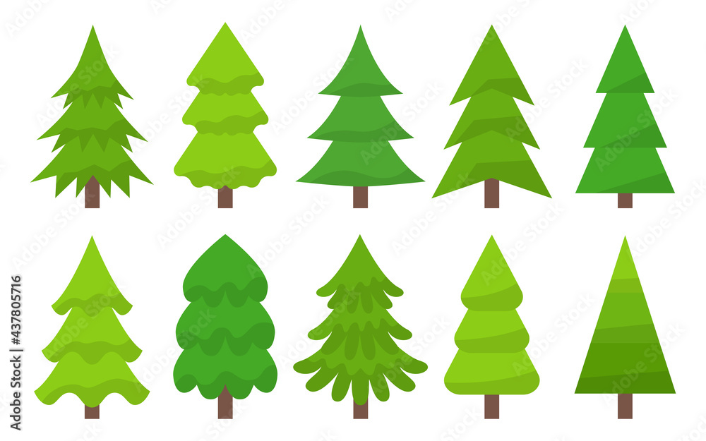 Trees in warm green shades vector flat. Symmetrical Christmas trees in real and abstract shapes. Spruce and pine, fir. Greeting card, winter holidays Christmas, New Year. Wrapping paper for gifts.