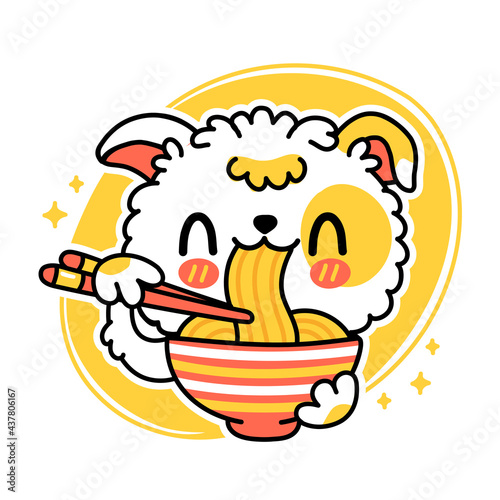 Cute funny dog eat noodles from bowl. Vector hand drawn cartoon kawaii character illustration icon. Isolated on white background. Asian food, japanese,korean noodle mascot cartoon character concept