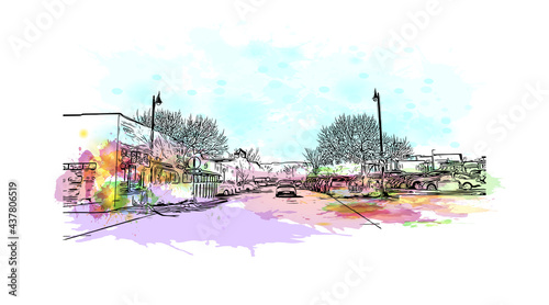 Building view with landmark of Grand Junction is a city in Colorado. Watercolor splash with hand drawn sketch illustration in vector.