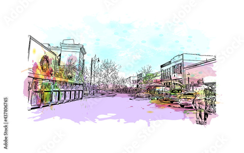 Building view with landmark of Grand Junction is a city in Colorado. Watercolor splash with hand drawn sketch illustration in vector.