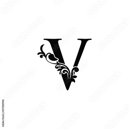 Letter V Logo Icon Template. Black and white vector design swirl ornate elegant decorative style.