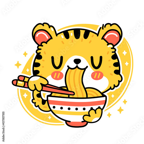 Cute funny tiger eat noodles from bowl. Vector hand drawn cartoon kawaii character illustration icon. Isolated on white background. Asian food, japanese,korean noodle mascot cartoon character concept