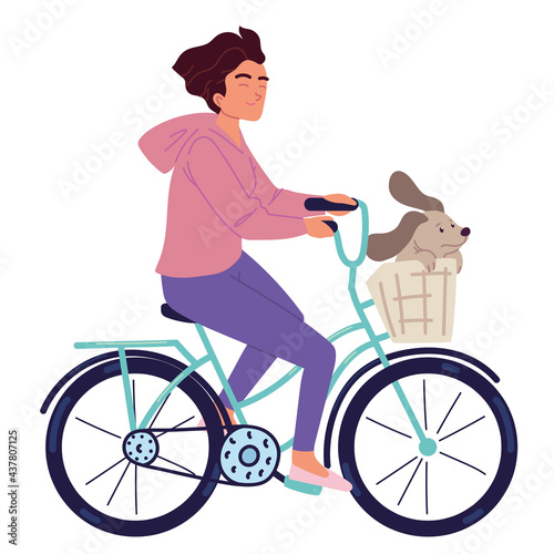 woman riding bike with pet