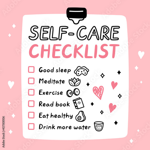 Cute funny self-care to do list, checklist. Vector hand drawn cartoon kawaii character illustration icon. Self-care checklist sticker, card, poster concept