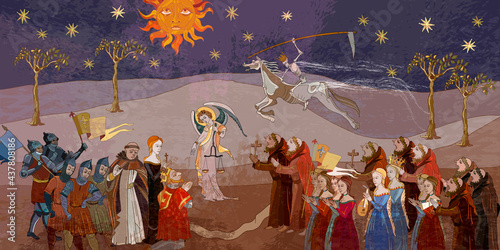 Coronavirus art. Plague epidemic. Horseman of death on horse. Middle Ages parchment style. World pestilence. Ancient book illustration. Medieval scene