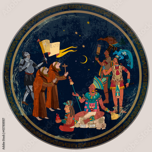 Maya art. Conquest of America. Historical background. Ancient mexican mesoamerican history. Ancient Mayan. Mural Painting. Old frescos. Conquistadors and Aztec and Inca people. Pyramid and tribe