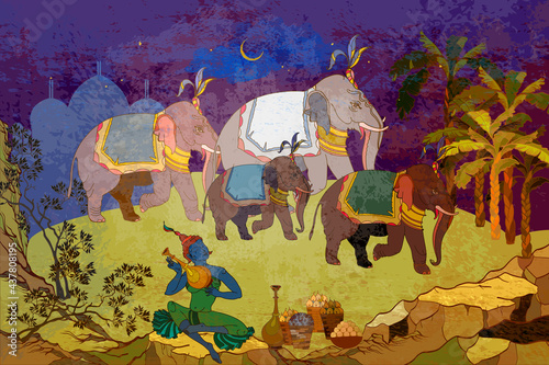 Gods of India. Ramayana. Old Asian culture. Mythology, tradition and history. Ancient frescoes. Religion. Hinduism. Traditional indian mural paintings style
