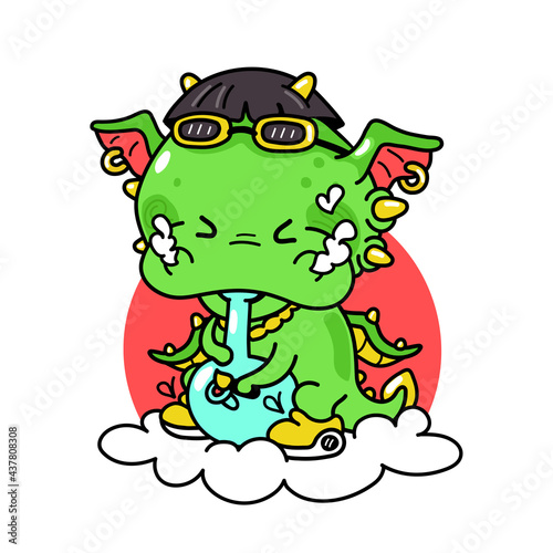 Cute funny dragon smoke weed with bong. Vector hand drawn cartoon kawaii character illustration . Isolated on white background. Dragon smoke marijuana, cannabis, weed character t-shirt print concept