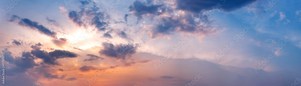 Dramatic panorama sky with cloud on sunrise and sunset time. Panoramic image. Dramatic panorama sky with cloud on sunrise and sunset time. Panoramic image.