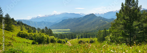 Panoramic view of the mountain valley from the pass