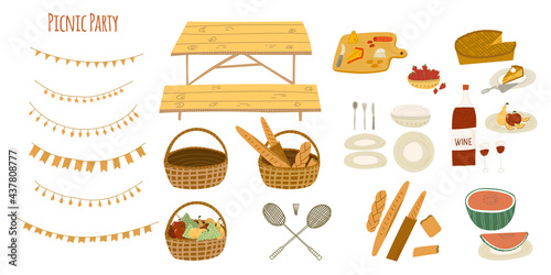 Set of hand-drawn vector illustration picnic party essentials basket, picnic table, snacks, wine, fruits, cheese, pie, watermelon party garlands. Cartoon abstract doodle isolated on white background.