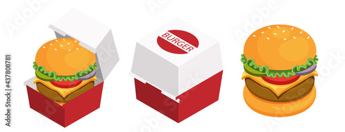 illustration vector isometric food of burger box and hamburger isolated on black background for flyer ads design.