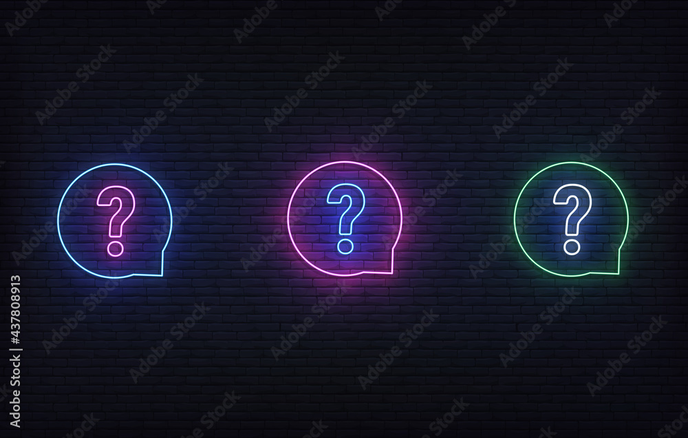 Question neon sign. Glowing neon quiz template signboard set Stock ...