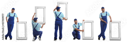 Photos Workers with plastic window on white background, collage