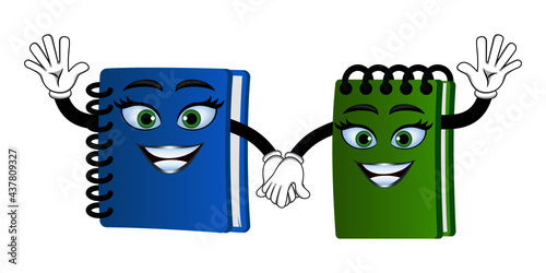 Mascot notepad characters standing and holding hands together and waving