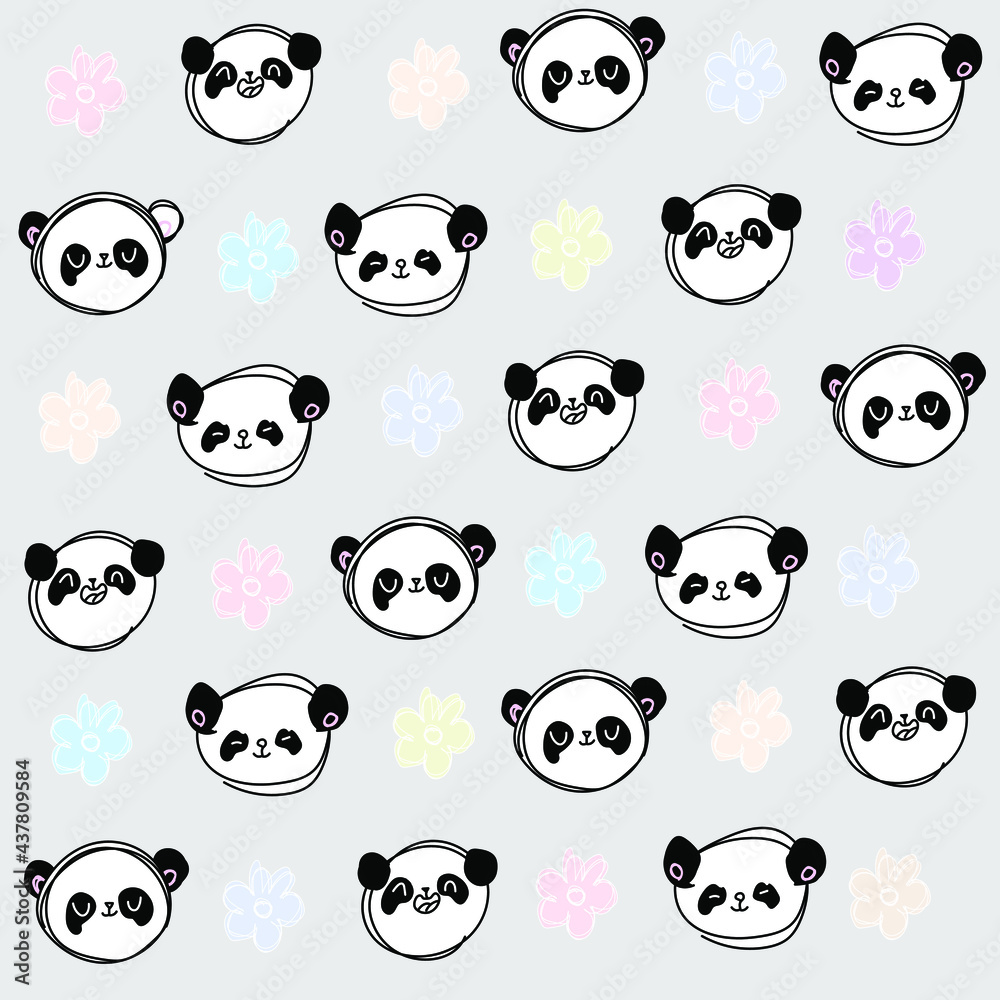 Cute pastel grey pattern with line doodle panda with multicolored flowers. Seamless background. Textiles for children. Minimalism paper scrapbook for kids.