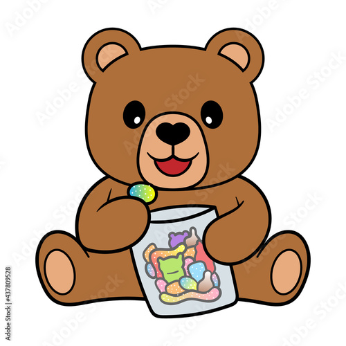 Cartoon Teddy Bear Eating a Bag of Sweets Vector Illustration