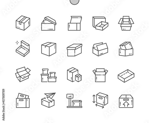 Carton box. Open box. Weight, size, send box. Packaging, transportation, merchandise, corrugated and delivery. Pixel Perfect Vector Thin Line Icons. Simple Minimal Pictogram