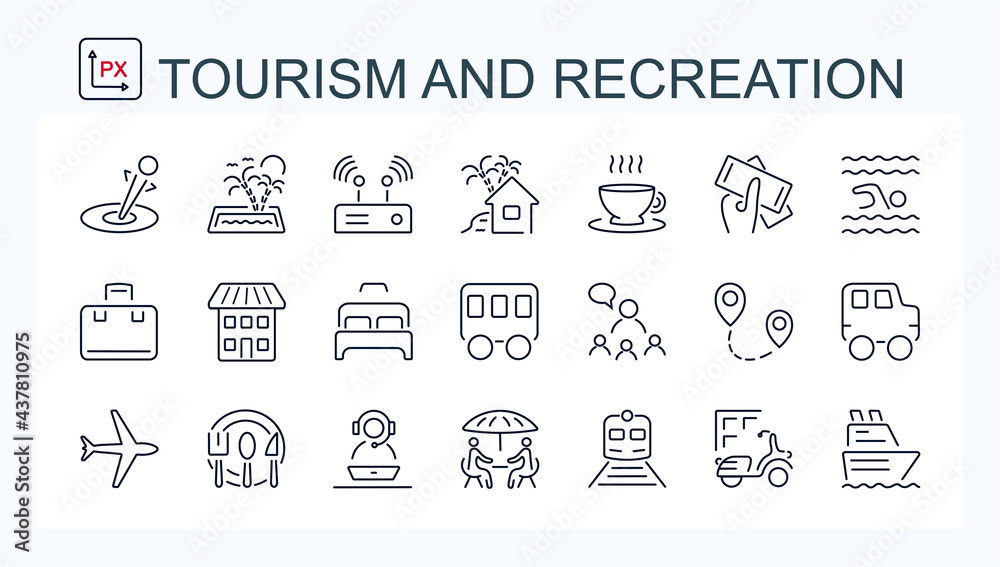 A set of vector icons made of thin line for travel and leisure. Wildlife and tourism.