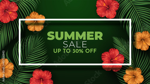 Summer Sale Banner With Tropical Leaves Background. Vector Illustration