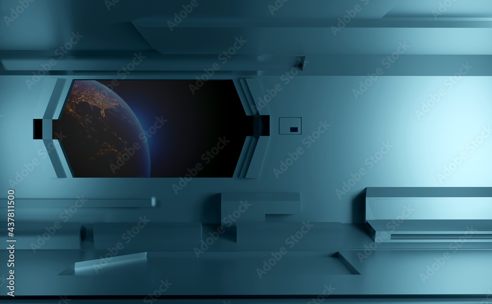 Window view of planet earth from a space station background.3D rendering Window view of planet earth from a space station background.3D rendering