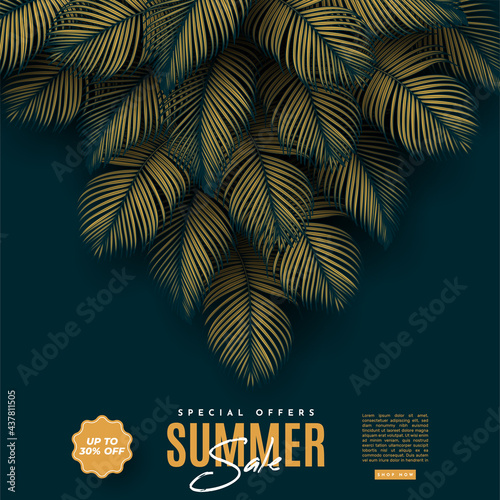 Summer Sale Banner With Tropical Leaves Background. Vector Illustration