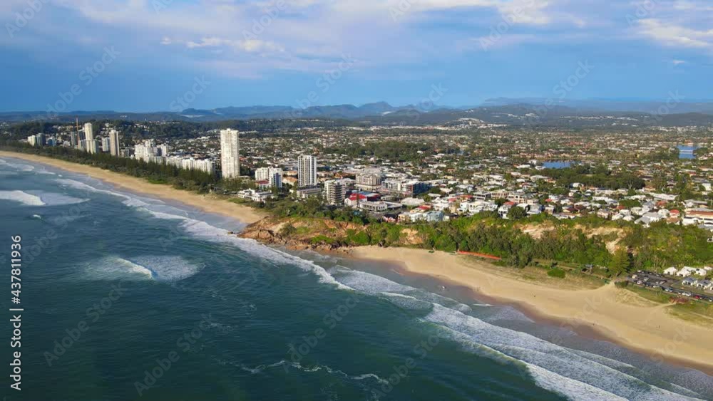 Urban Area Of Burleigh Heads At The Shoreline Of North Burleigh Beach In The Australian City Of Gold Coast. aerial Urban Area Of Burleigh Heads At The Shoreline Of North Burleigh Beach In The Australian City Of Gold Coast. aerial