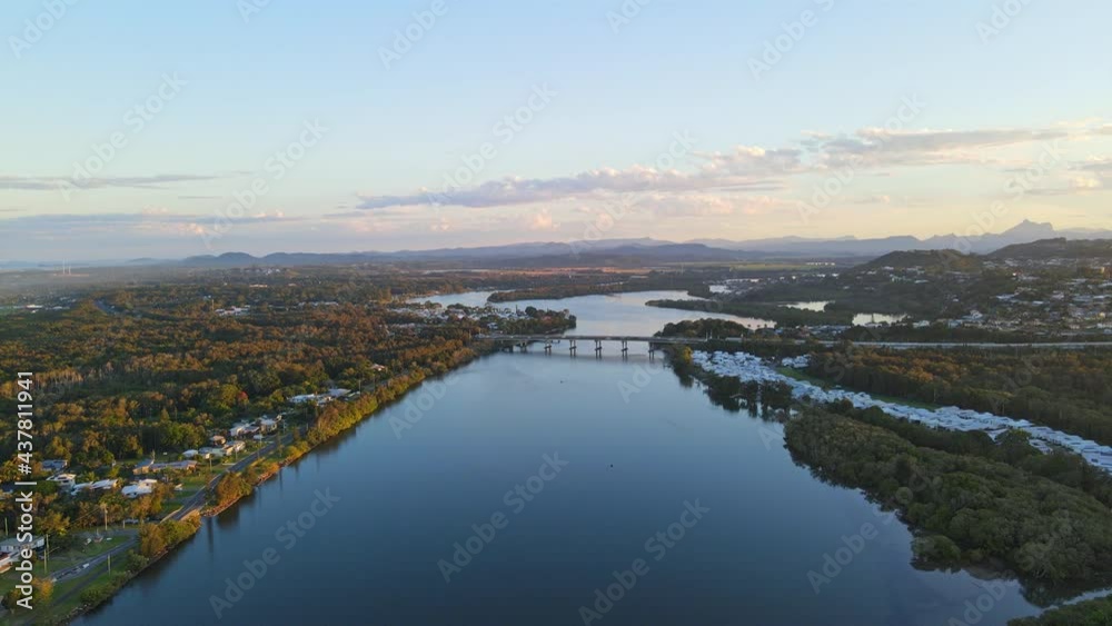 Aerial View Of Pacific Motorway M1 Road Across Tweed River In Fingal Head, NSW At Sunset. Aerial View Of Pacific Motorway M1 Road Across Tweed River In Fingal Head, NSW At Sunset.