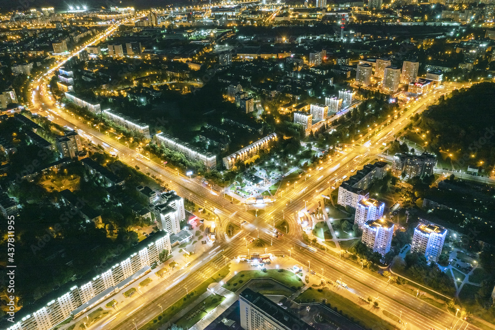 aerial night view of a road intersection in a big city. Minsk, Belarus.