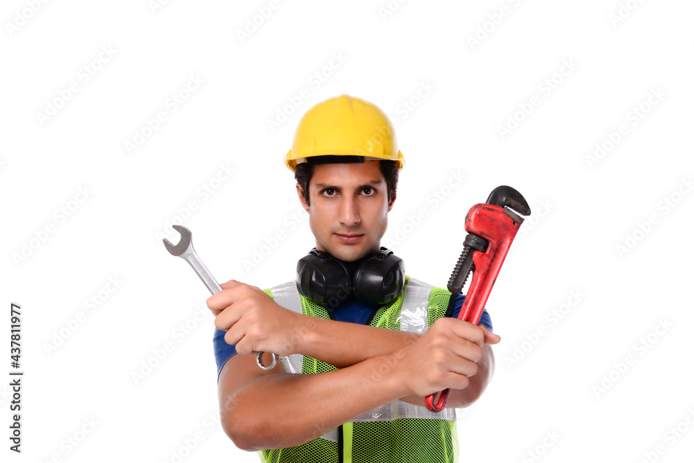 Repairment tools. Smiling worker with wrenches. Builder on white or isolated background helmet with Spanner.